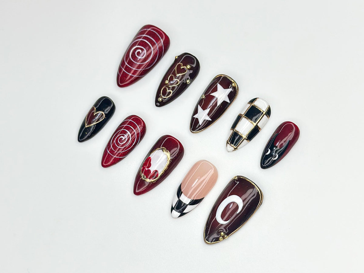 Gothic Carnival Press On Nails | Red Black Swirl & Heart Nail Art | Checkerboard Gothic Nail Set | Handmade Cosplay Nails | JC1149BC