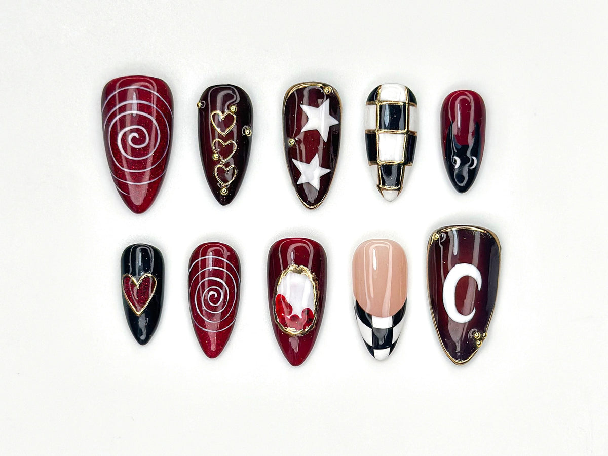 Gothic Carnival Press On Nails | Red Black Swirl & Heart Nail Art | Checkerboard Gothic Nail Set | Handmade Cosplay Nails | JC1149BC