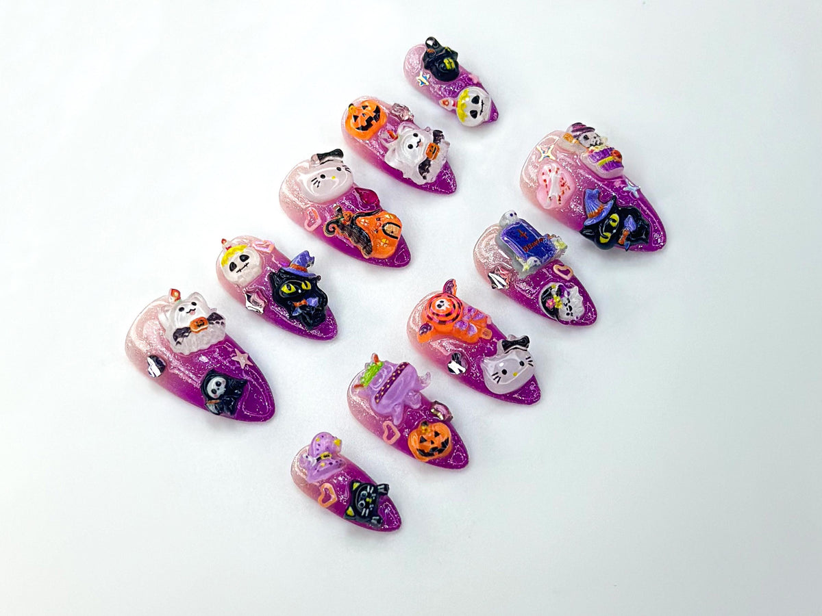 Kawaii Fantasy Party Press On Nails | Purple Glitter 3D Character Nails | Cute Cat & Star Nail Art | Handmade Festival Nail Set | JB1172BK