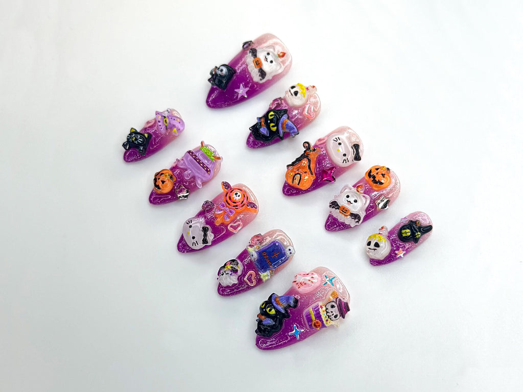 Kawaii Fantasy Party Press On Nails | Purple Glitter 3D Character Nails | Cute Cat & Star Nail Art | Handmade Festival Nail Set | JB1172BK