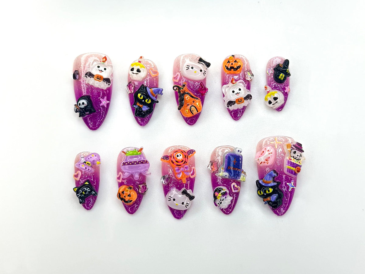 Kawaii Fantasy Party Press On Nails | Purple Glitter 3D Character Nails | Cute Cat & Star Nail Art | Handmade Festival Nail Set | JB1172BK