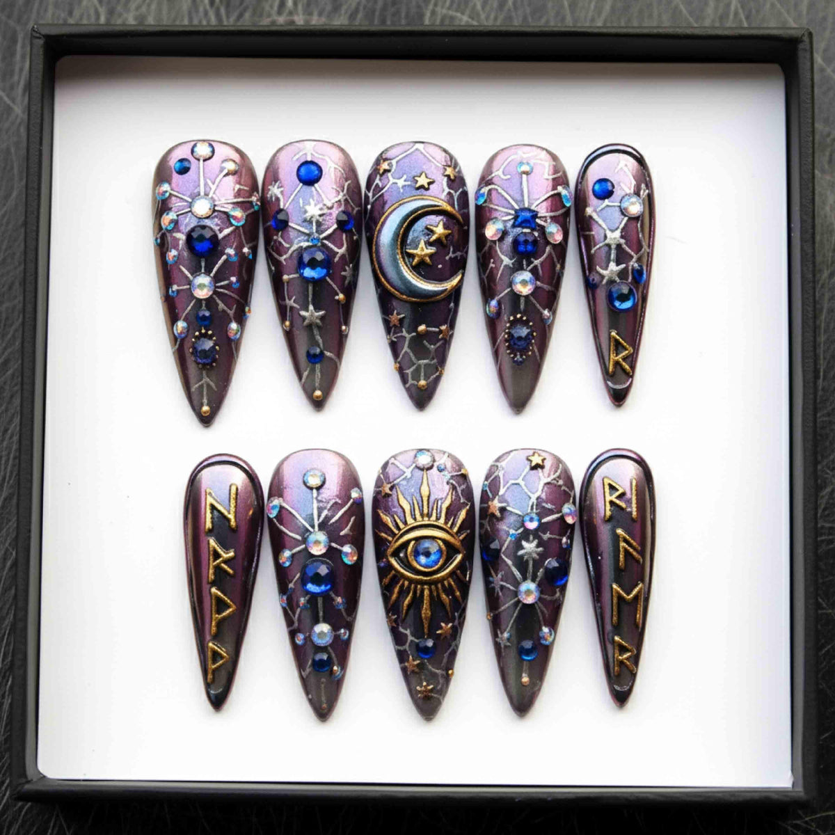 Handmade Celestial Witchy Press On Nails | Mystic Eye, Moon, Stars & Runes | Stiletto Shape Nails For Gothic Vibe