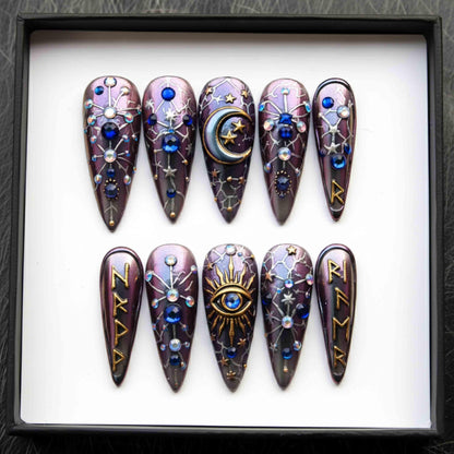 Handmade Celestial Witchy Press On Nails | Mystic Eye, Moon, Stars & Runes | Stiletto Shape Nails For Gothic Vibe