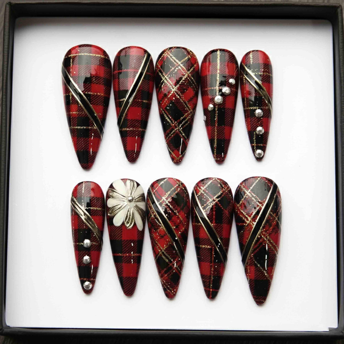 Handmade Festive Plaid Press On Nails | Red Tartan, Gold Glitter & Flower Accent | Stiletto Shape Nails For Christmas Holiday