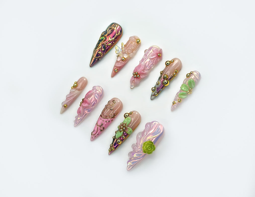 Enchanted Garden Fantasy Press On Nails | 3D Floral Nail Art | Iridescent Pink Luxury Nails | Handmade Long Sculpted Nails | JB190EC