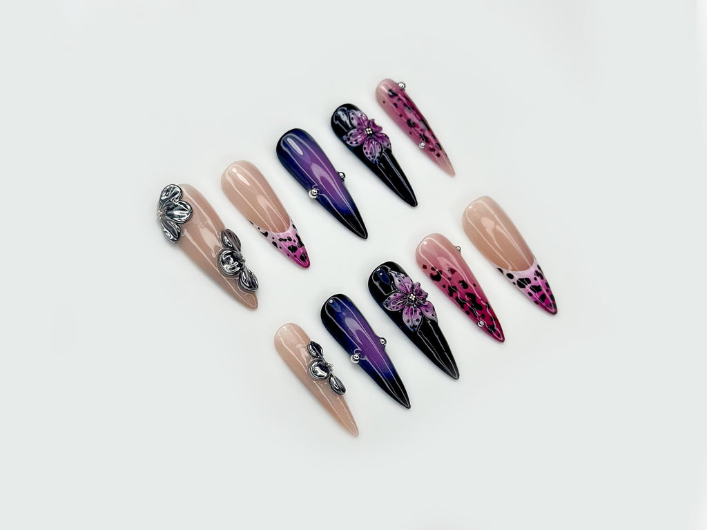 Midnight Orchid Glam Press On Nails | Purple Ombre Nail Art | Leopard Print Accent Nails | 3D Floral & Metallic Details | JB191EK