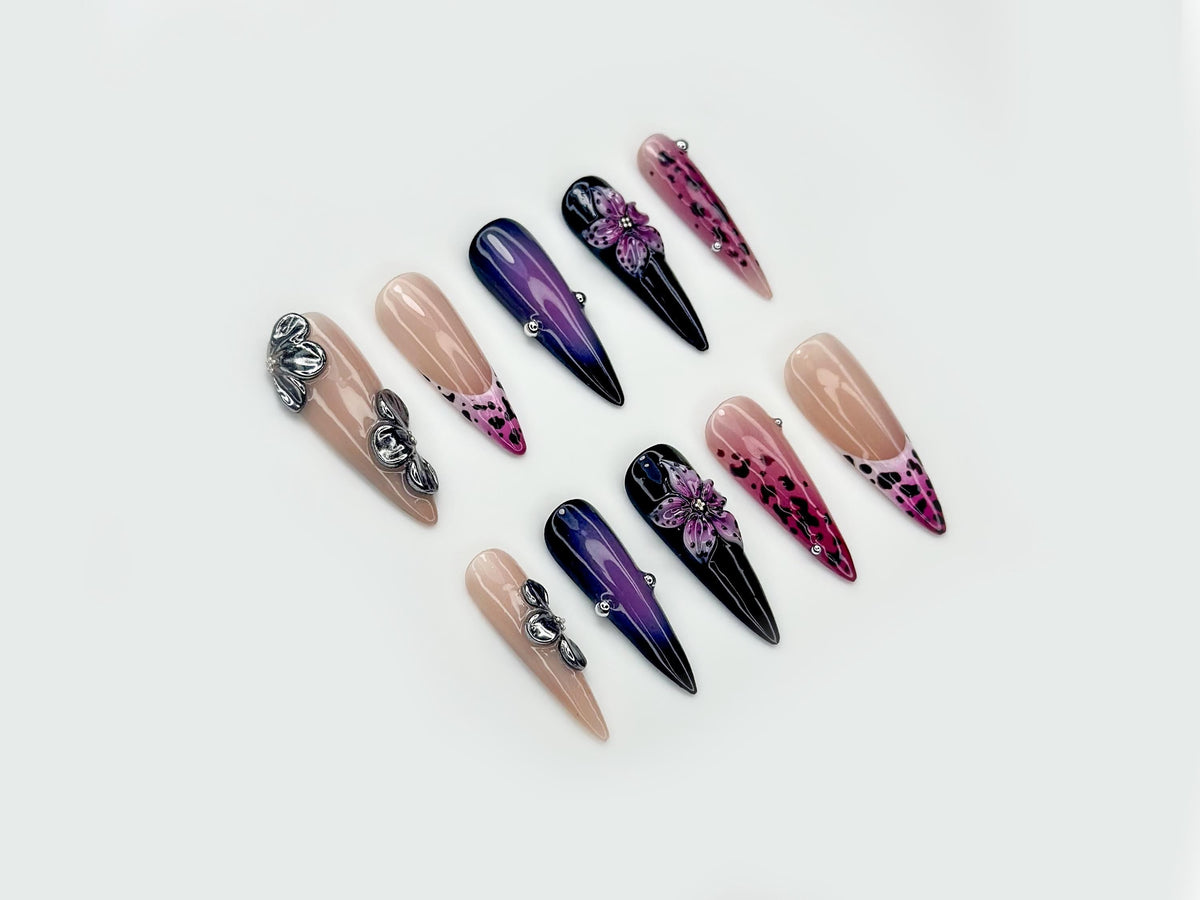 Midnight Orchid Glam Press On Nails | Purple Ombre Nail Art | Leopard Print Accent Nails | 3D Floral & Metallic Details | JB191EK