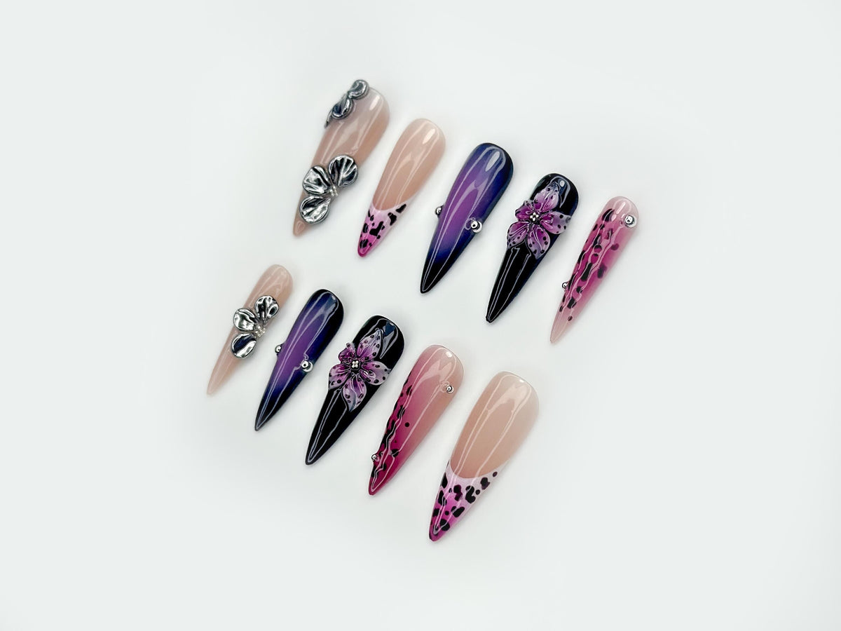 Midnight Orchid Glam Press On Nails | Purple Ombre Nail Art | Leopard Print Accent Nails | 3D Floral & Metallic Details | JB191EK