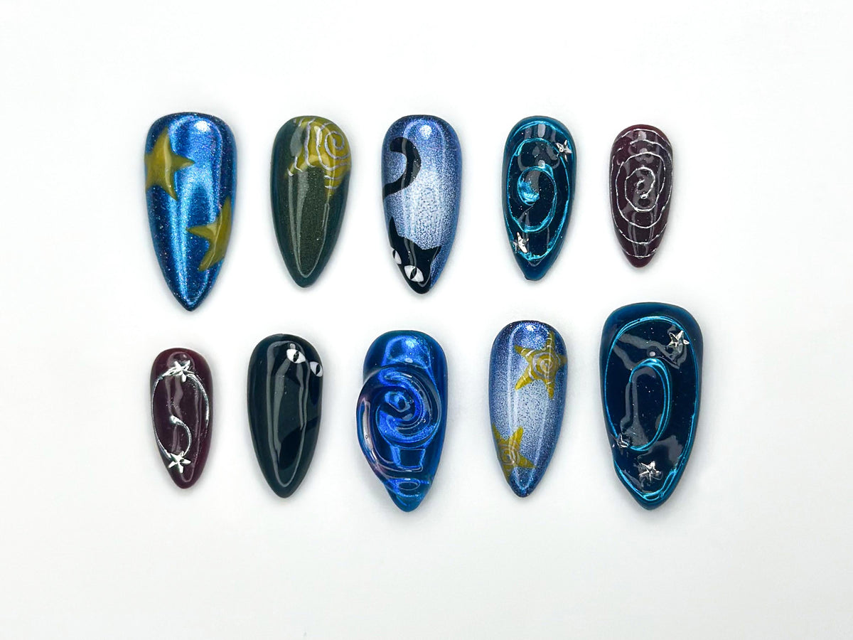 Cosmic Carnival Press On Nails | Galaxy Swirl And Moon Nail Art | 3D Star And Character Handmade Nails | Festival Statement Nails | JB1151BC