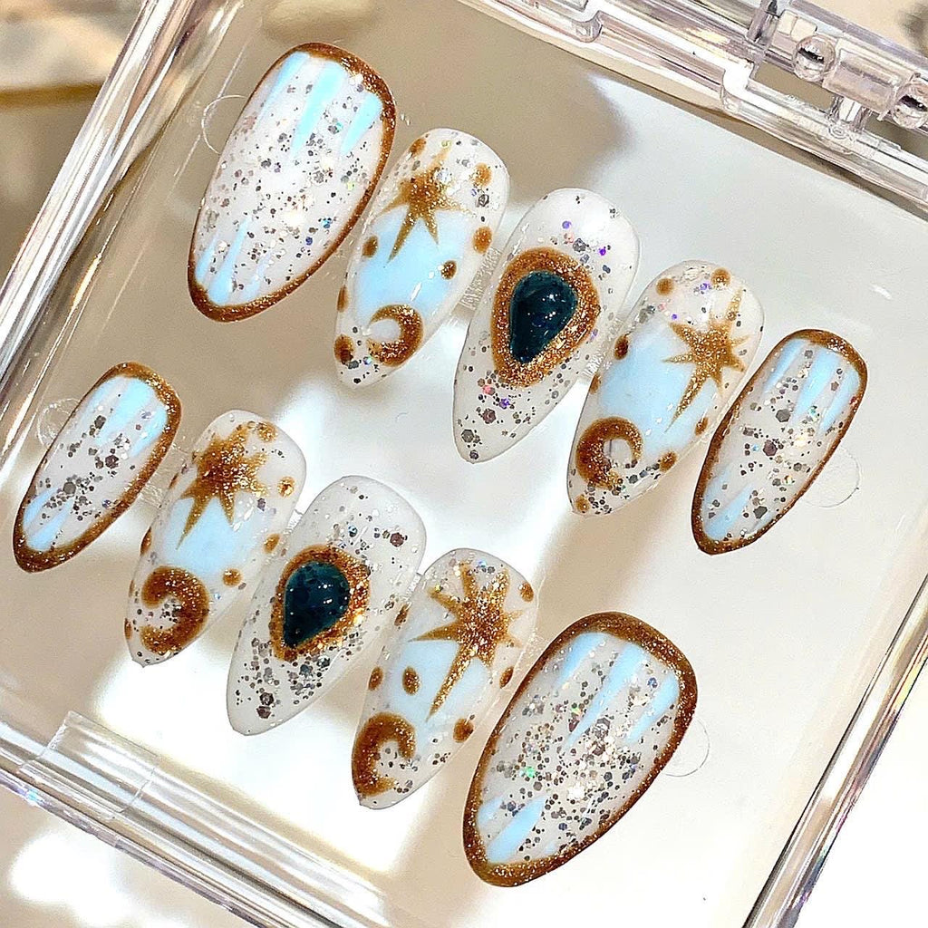 Celestial Press On Nails: Gold Glitter Galaxy Nail Art Set