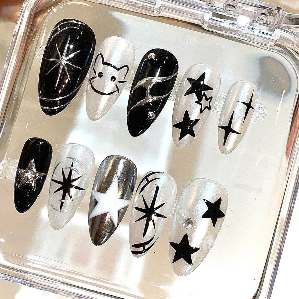 Black Silver Star Press On Nails: Y2K Cat Nail Art Set