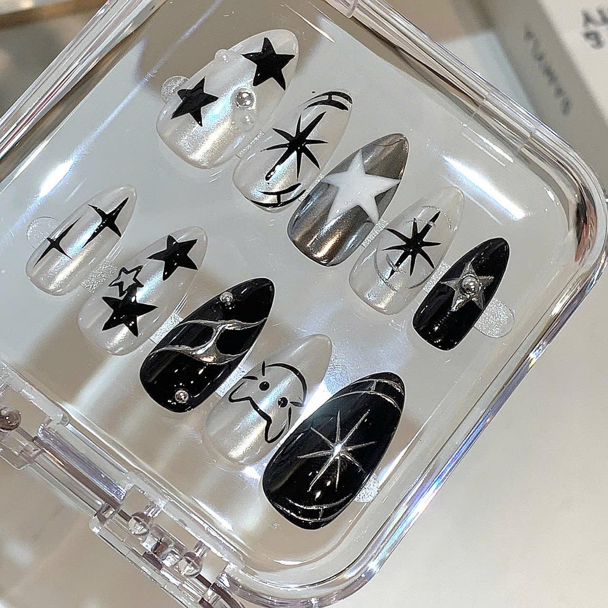 Black Silver Star Press On Nails: Y2K Cat Nail Art Set
