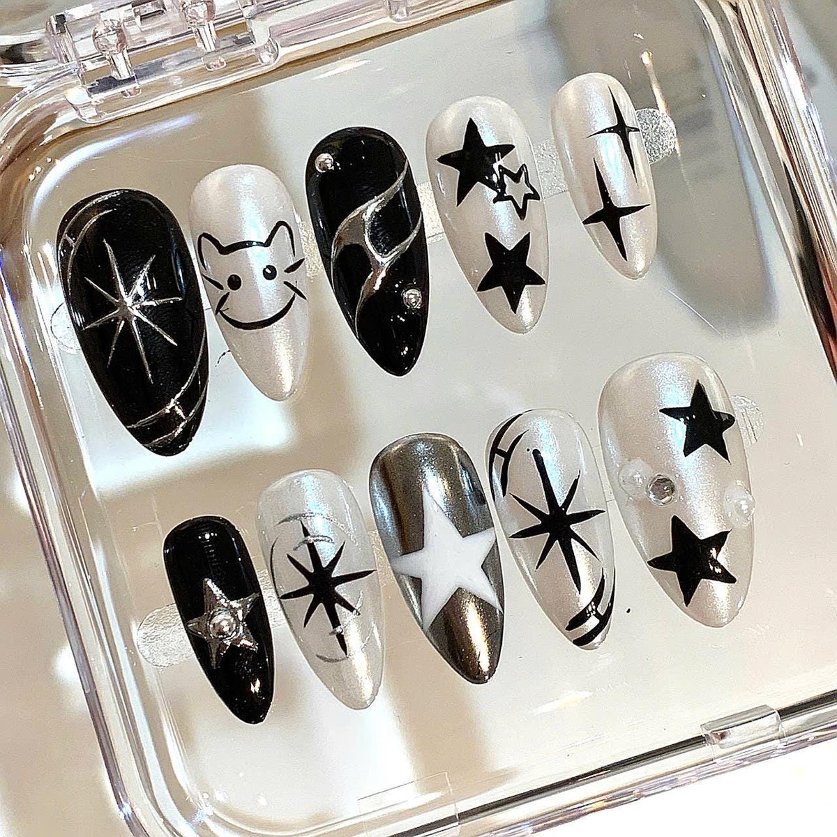 Black Silver Star Press On Nails: Y2K Cat Nail Art Set