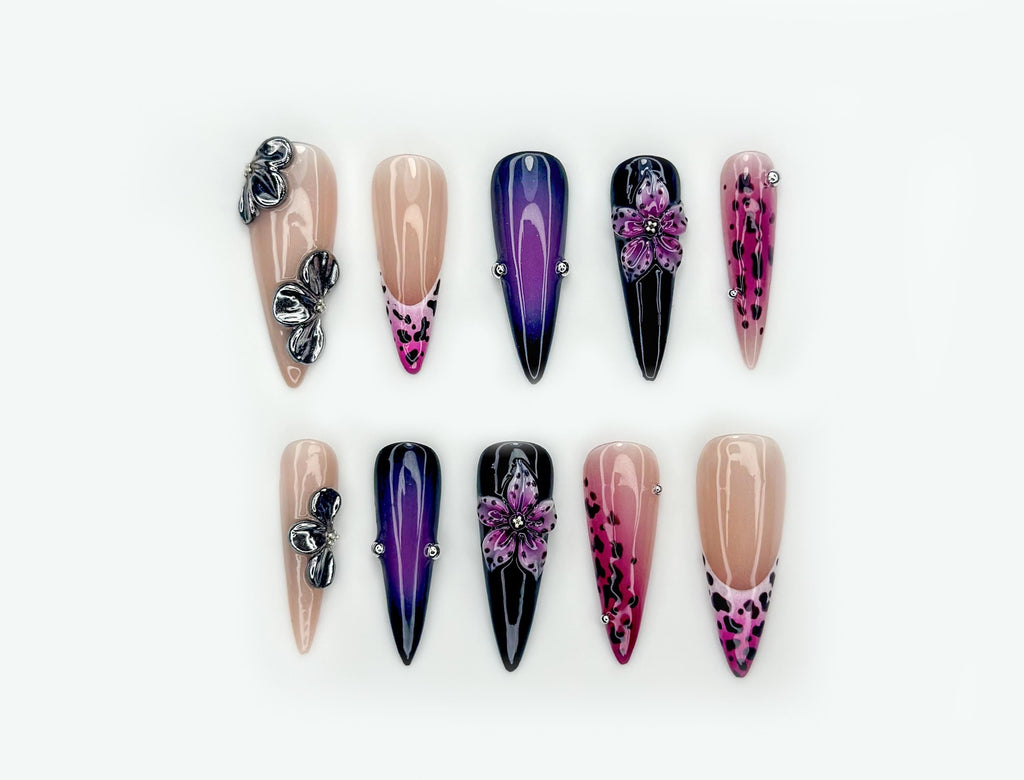 Midnight Orchid Glam Press On Nails | Purple Ombre Nail Art | Leopard Print Accent Nails | 3D Floral & Metallic Details | JB191EK
