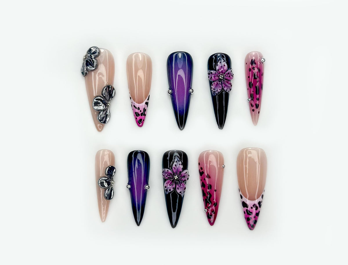 Midnight Orchid Glam Press On Nails | Purple Ombre Nail Art | Leopard Print Accent Nails | 3D Floral & Metallic Details | JB191EK