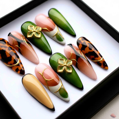 Handmade Chic Autumn Press On Nails | Tortoise Shell, Deep Green & Gold Flower | Stiletto Shape Nails For Fall Fashion Vibe