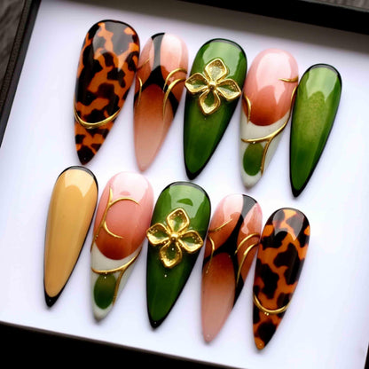 Handmade Chic Autumn Press On Nails | Tortoise Shell, Deep Green & Gold Flower | Stiletto Shape Nails For Fall Fashion Vibe