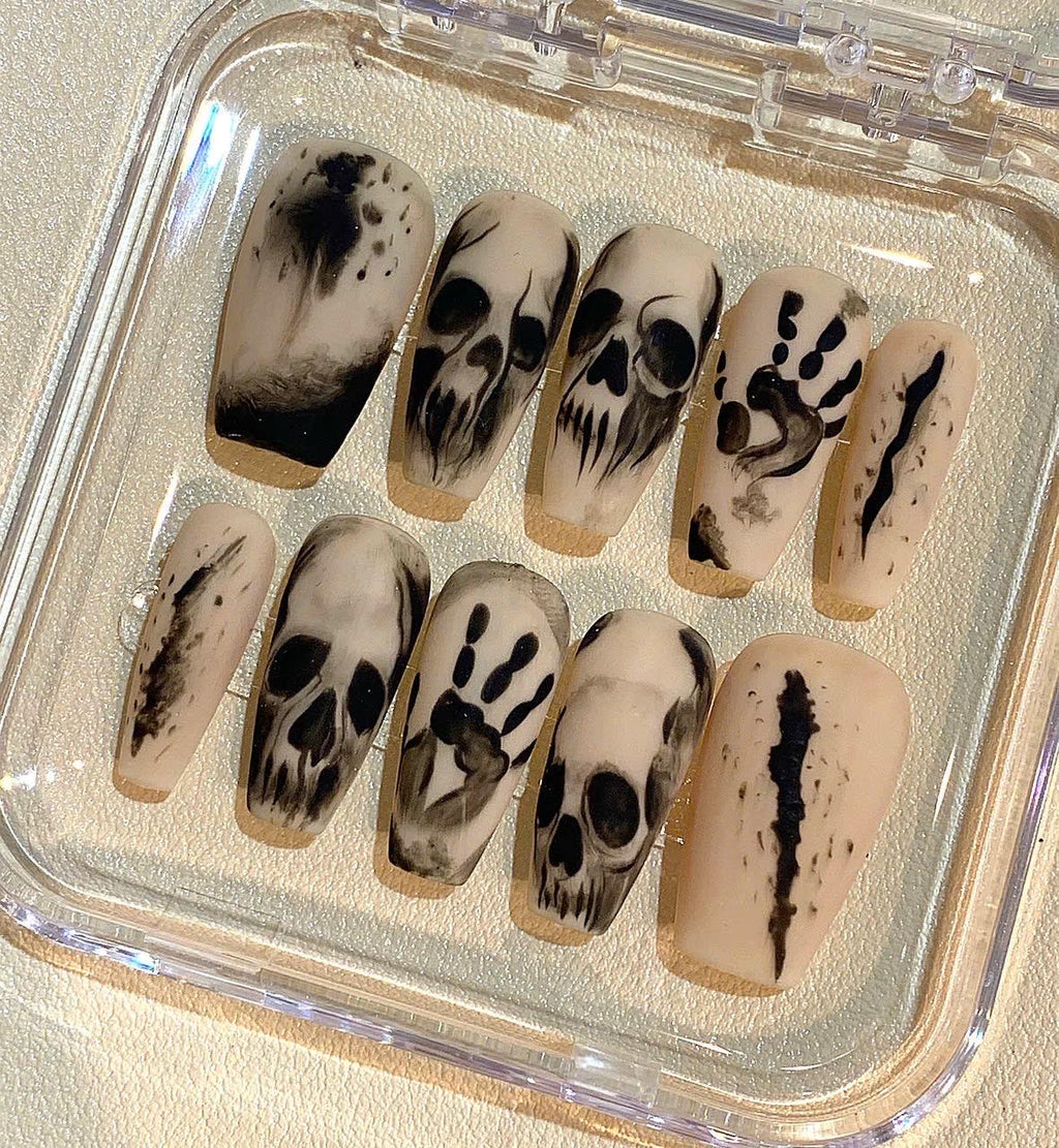 Halloween Skull Press On Nails: Gothic Horror Handprint Nail Art