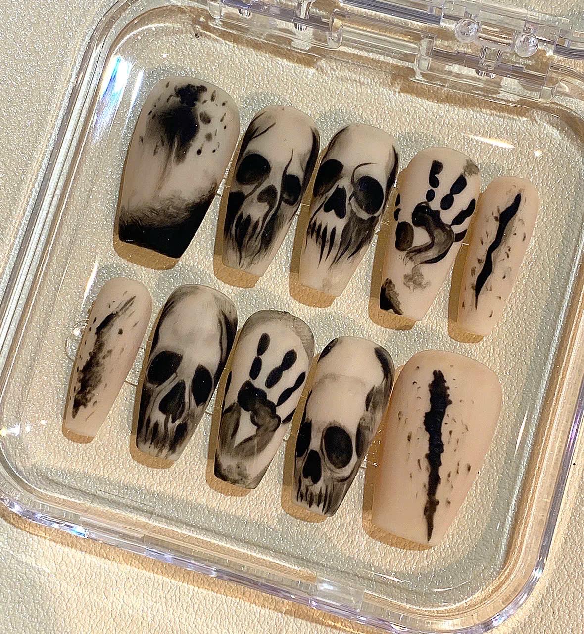 Halloween Skull Press On Nails: Gothic Horror Handprint Nail Art