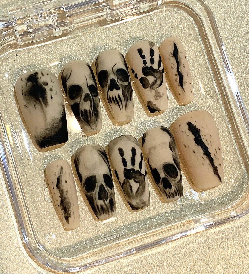 Halloween Skull Press On Nails: Gothic Horror Handprint Nail Art