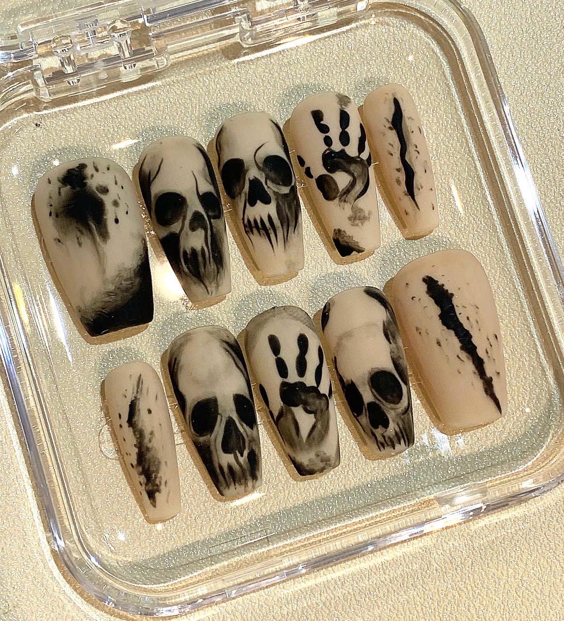 Halloween Skull Press On Nails: Gothic Horror Handprint Nail Art