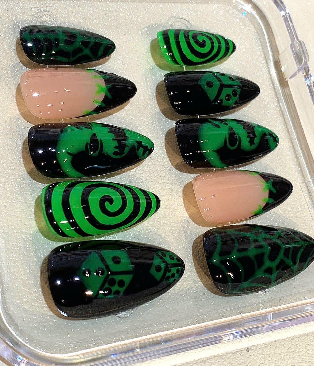 Oogie Boogie Halloween Press On Nails | Neon Green Gothic Nail Art Set