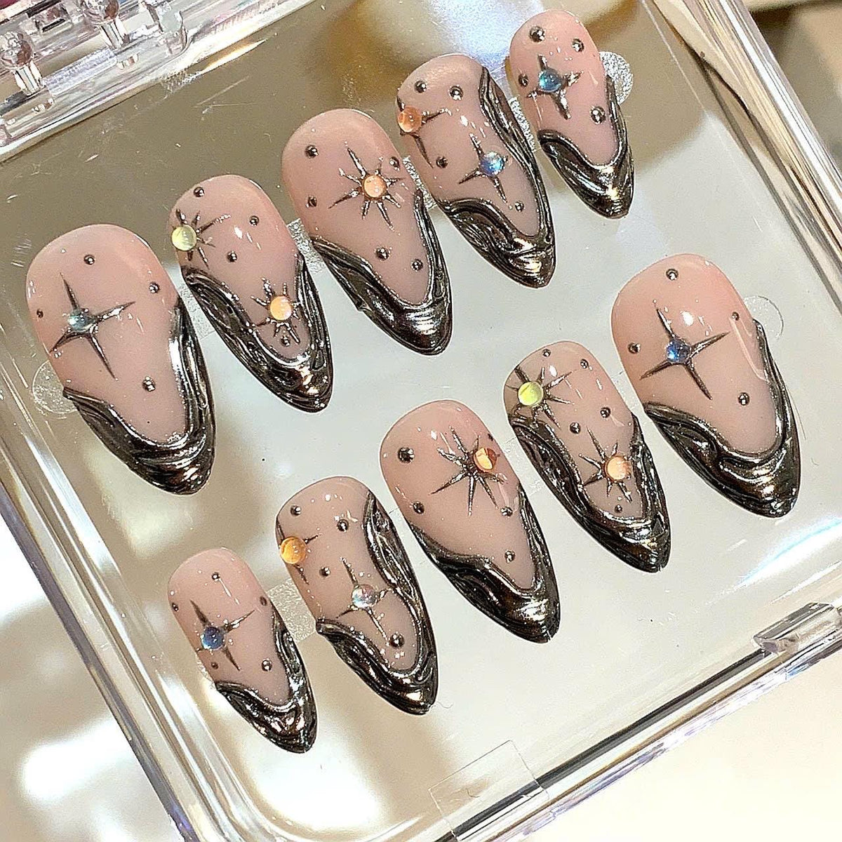 Chrome Star Press On Nails – Nude Silver Galaxy Nail Set