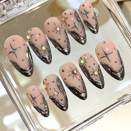 Chrome Star Press On Nails – Nude Silver Galaxy Nail Set
