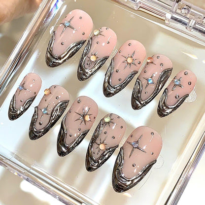 Chrome Star Press On Nails – Nude Silver Galaxy Nail Set
