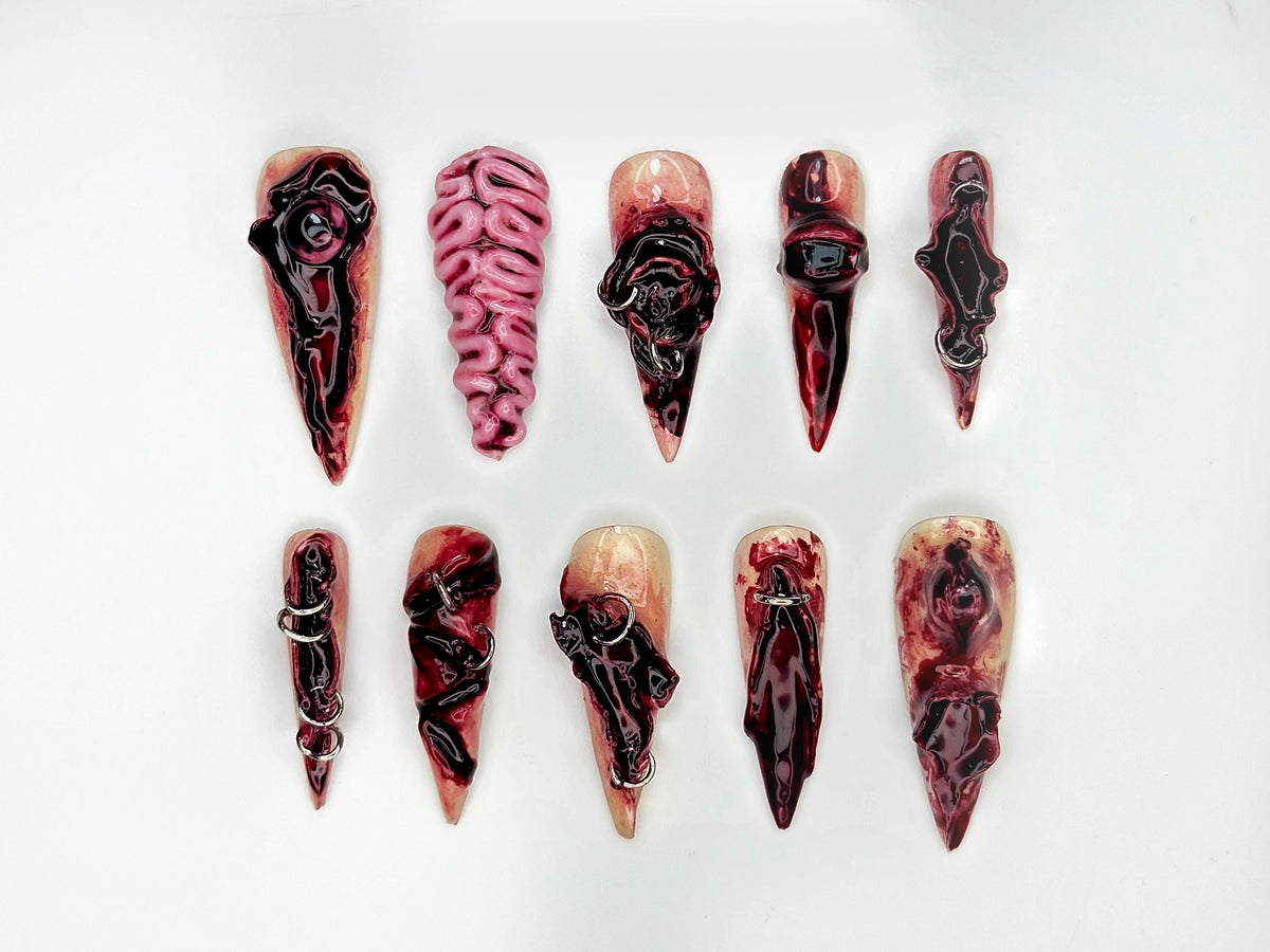 Bloody Gore Horror Press On Nails | 3D Brain & Wound Nail Art | Halloween Gore Special Effects Nails | Handmade Scary Nail Set | JB118EC