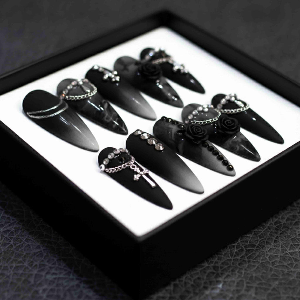 Handmade Gothic Punk Press On Nails | Black Roses, Silver Chains & Cross Charms | Long Stiletto Nails For Dark Elegant Vibes