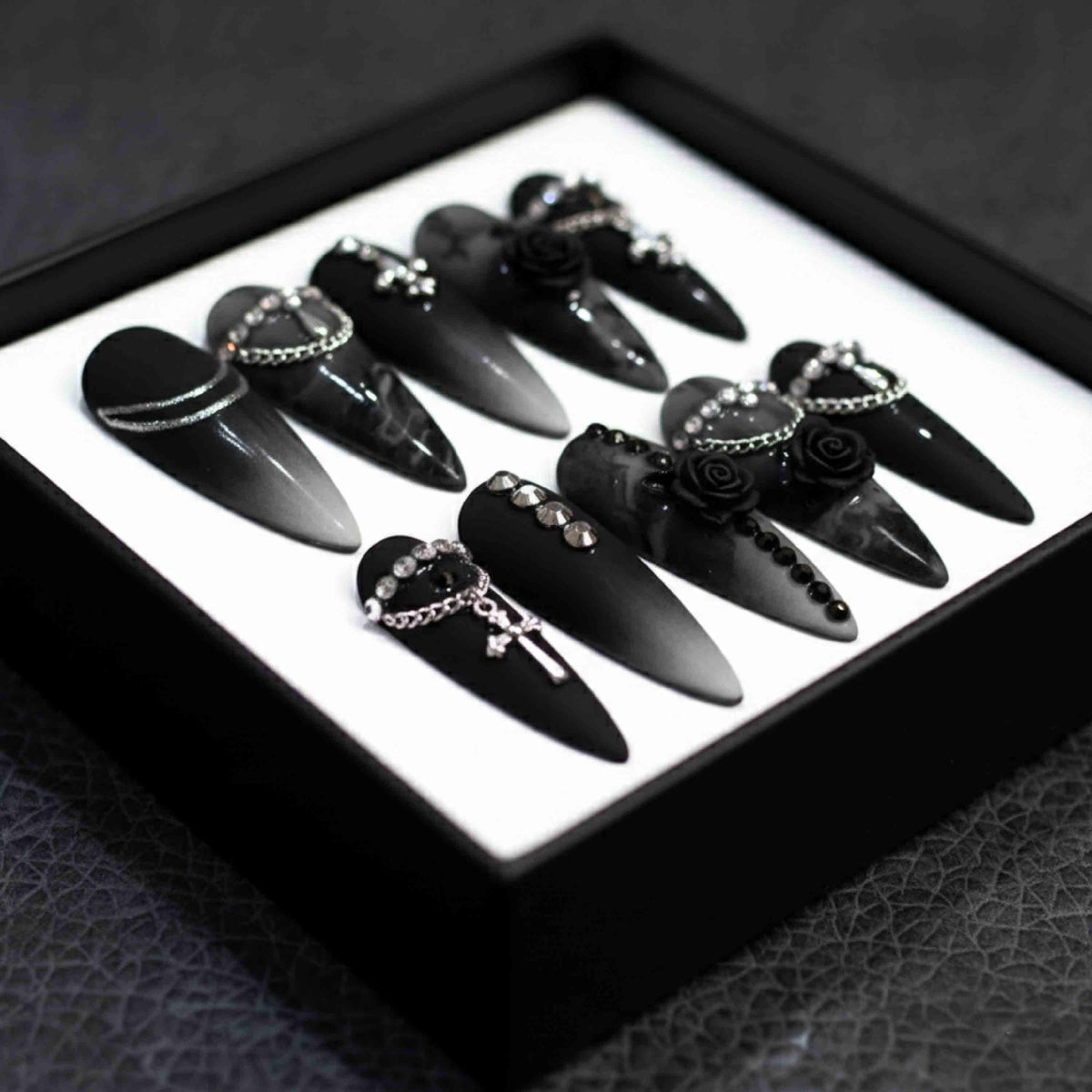 Handmade Gothic Punk Press On Nails | Black Roses, Silver Chains & Cross Charms | Long Stiletto Nails For Dark Elegant Vibes