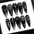 Handmade Gothic Punk Press On Nails | Black Roses, Silver Chains & Cross Charms | Long Stiletto Nails For Dark Elegant Vibes