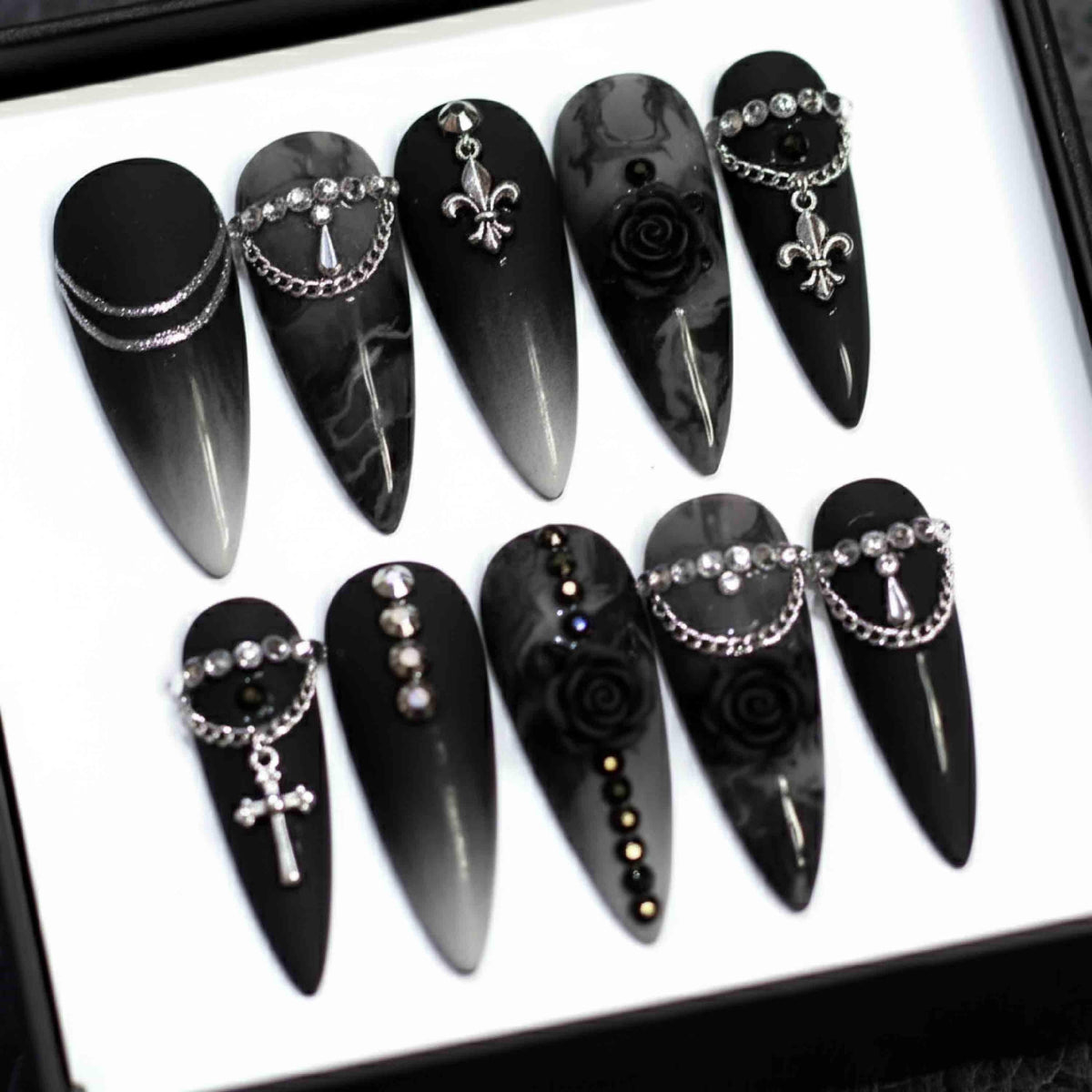 Handmade Gothic Punk Press On Nails | Black Roses, Silver Chains & Cross Charms | Long Stiletto Nails For Dark Elegant Vibes