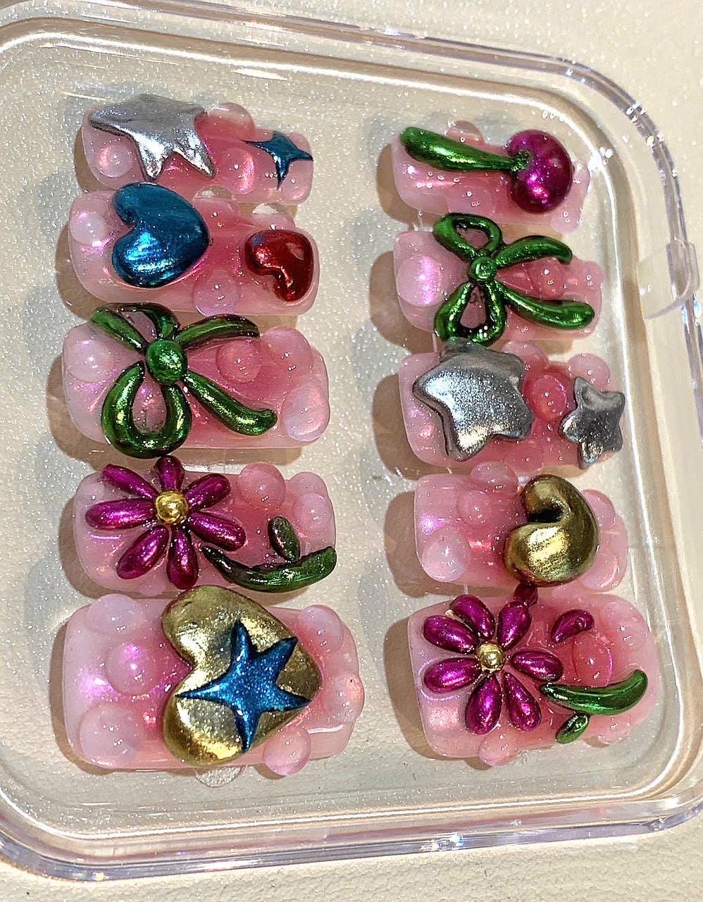 Y2K 3D Jelly Heart Press On Nails: Kawaii Pink Bow, Star & Cherry Charms