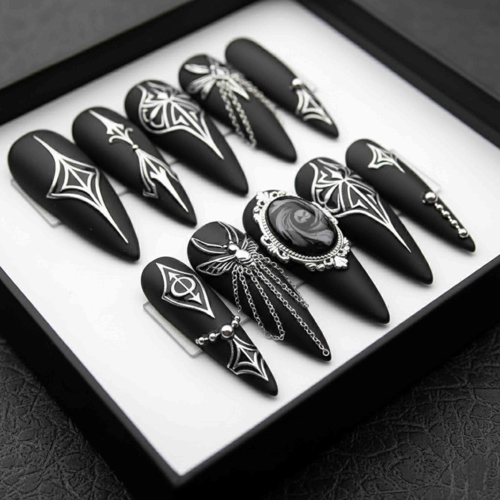 Handmade Gothic Press On Nails | Black Matte, Silver Chains & Spider Details | Long Stiletto Nails For Dark Glam Vibes