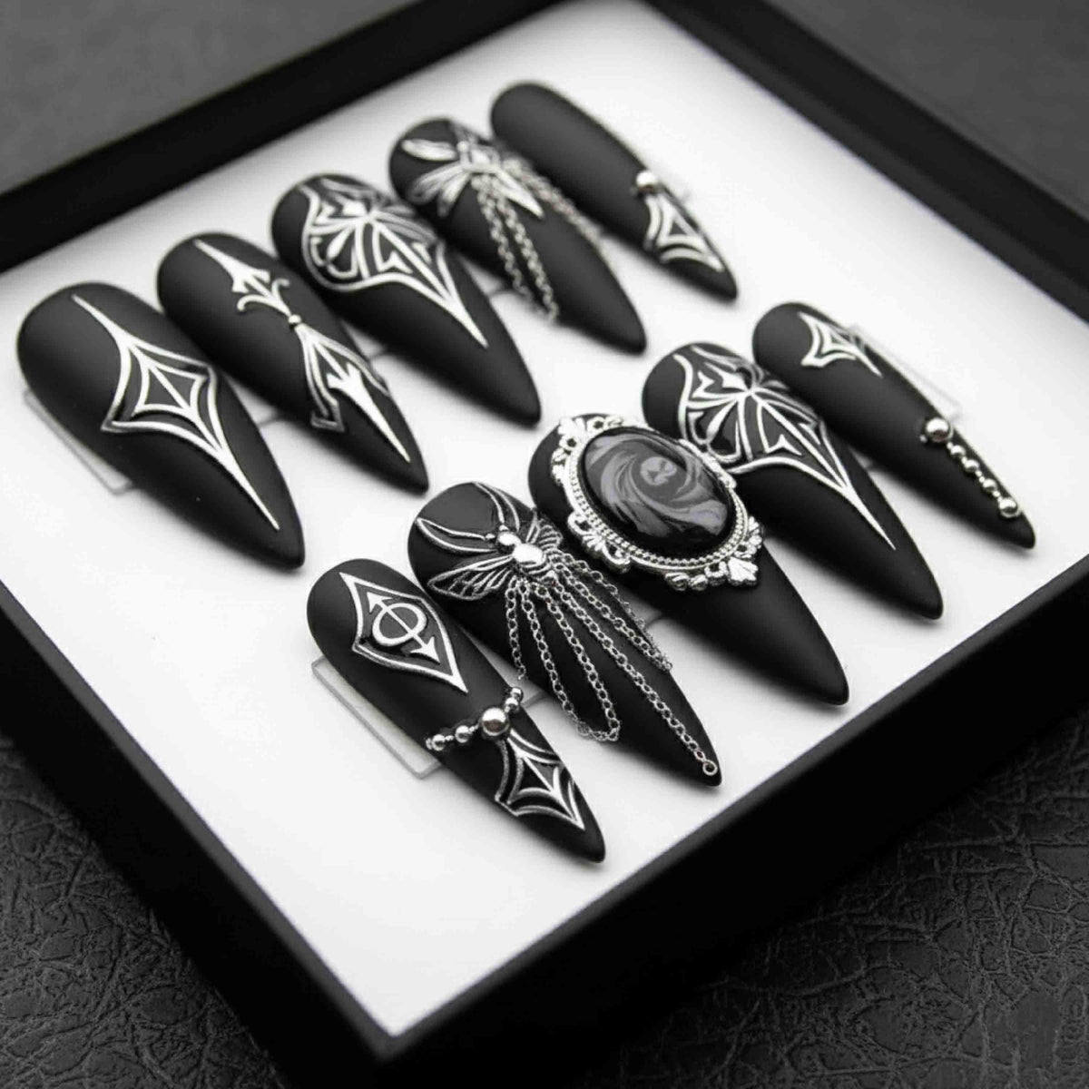 Handmade Gothic Press On Nails | Black Matte, Silver Chains & Spider Details | Long Stiletto Nails For Dark Glam Vibes