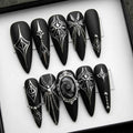 Handmade Gothic Press On Nails | Black Matte, Silver Chains & Spider Details | Long Stiletto Nails For Dark Glam Vibes