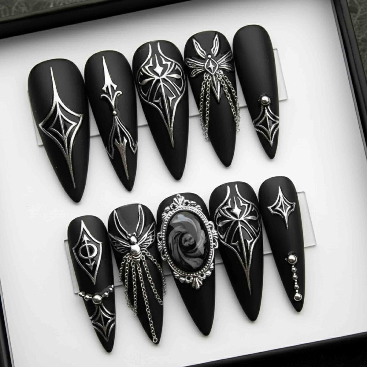 Handmade Gothic Press On Nails | Black Matte, Silver Chains & Spider Details | Long Stiletto Nails For Dark Glam Vibes