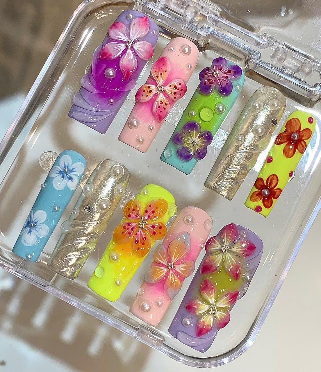 3D Tropical Flower Press On Nails – Colorful Summer Nail Set