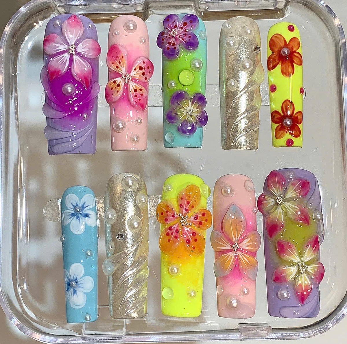 3D Tropical Flower Press On Nails – Colorful Summer Nail Set