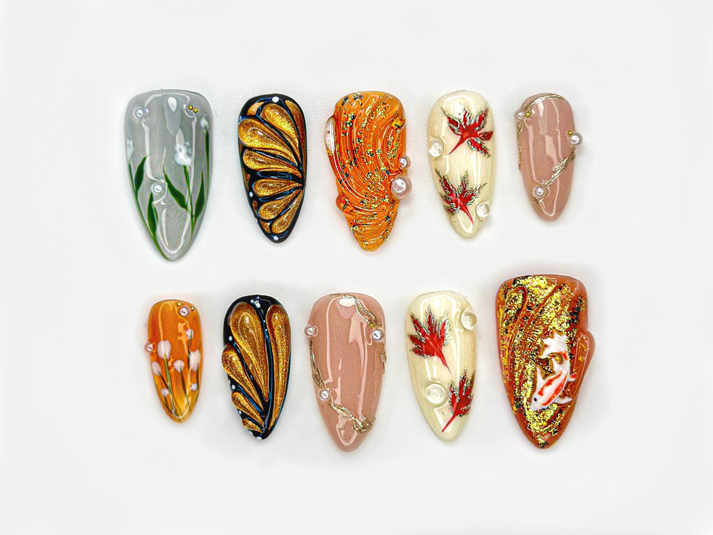 Autumn Maple Leaf Press On Nails | Fall Gold Glitter Nail Art | Orange & Cream Cozy Nails | Elegant Pearl Accent Nails |JB208EC
