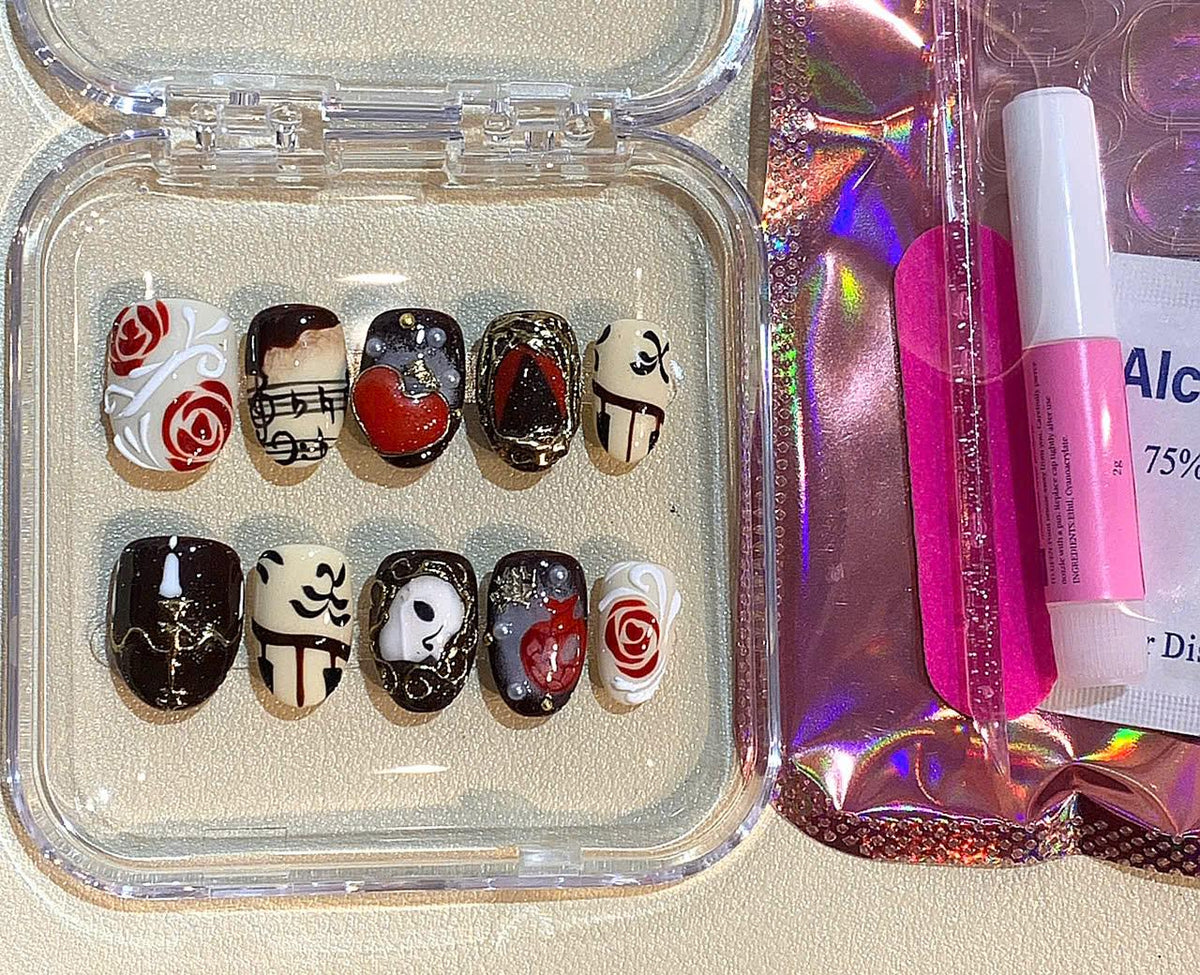 Phantom of the Opera Press On Nails: Gothic Rose Music Note Nail Art