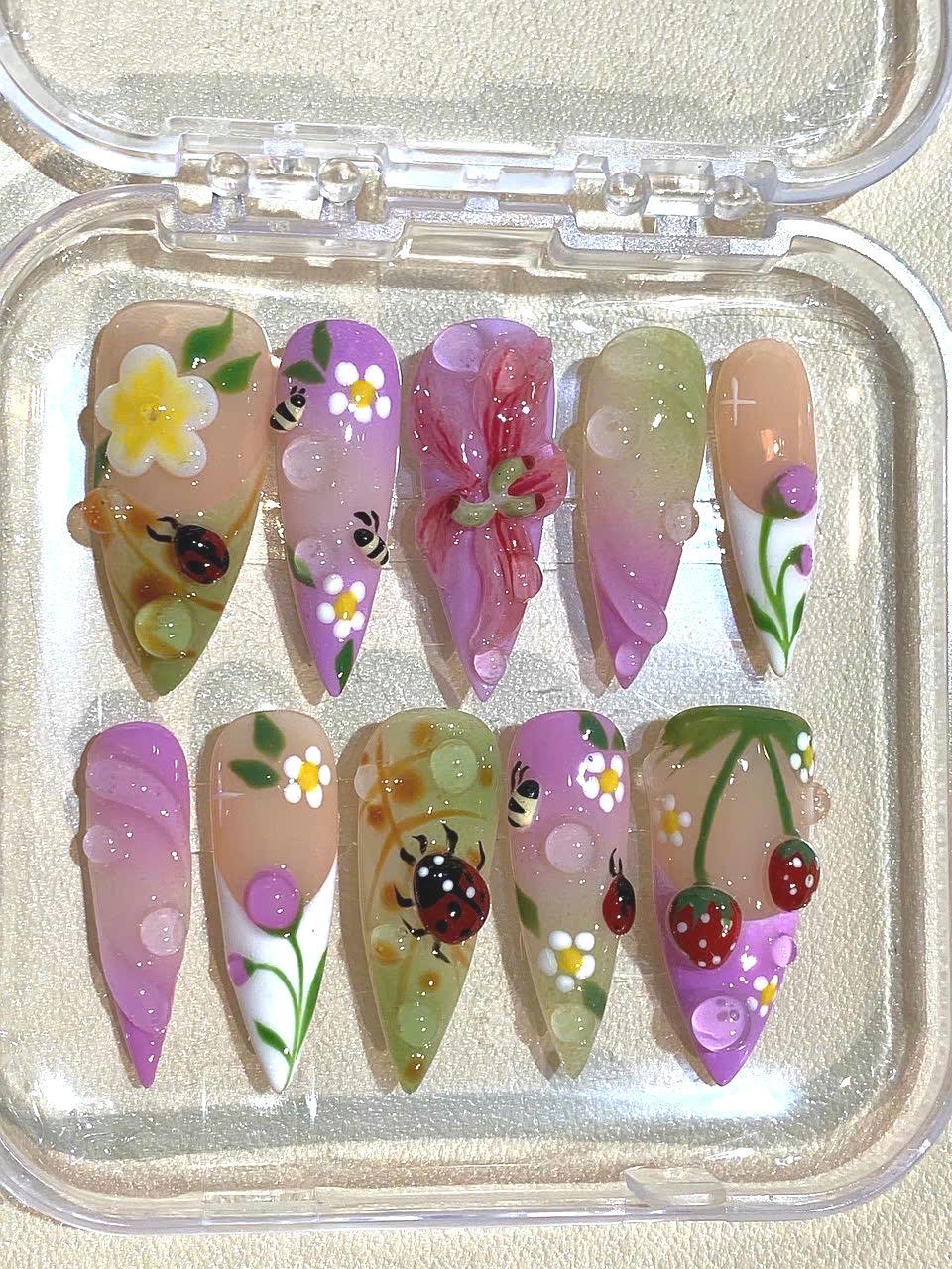 3D Ladybug Press On Nails: Strawberry Floral Stiletto Nail Art