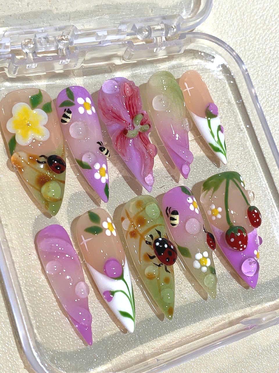 3D Ladybug Press On Nails: Strawberry Floral Stiletto Nail Art