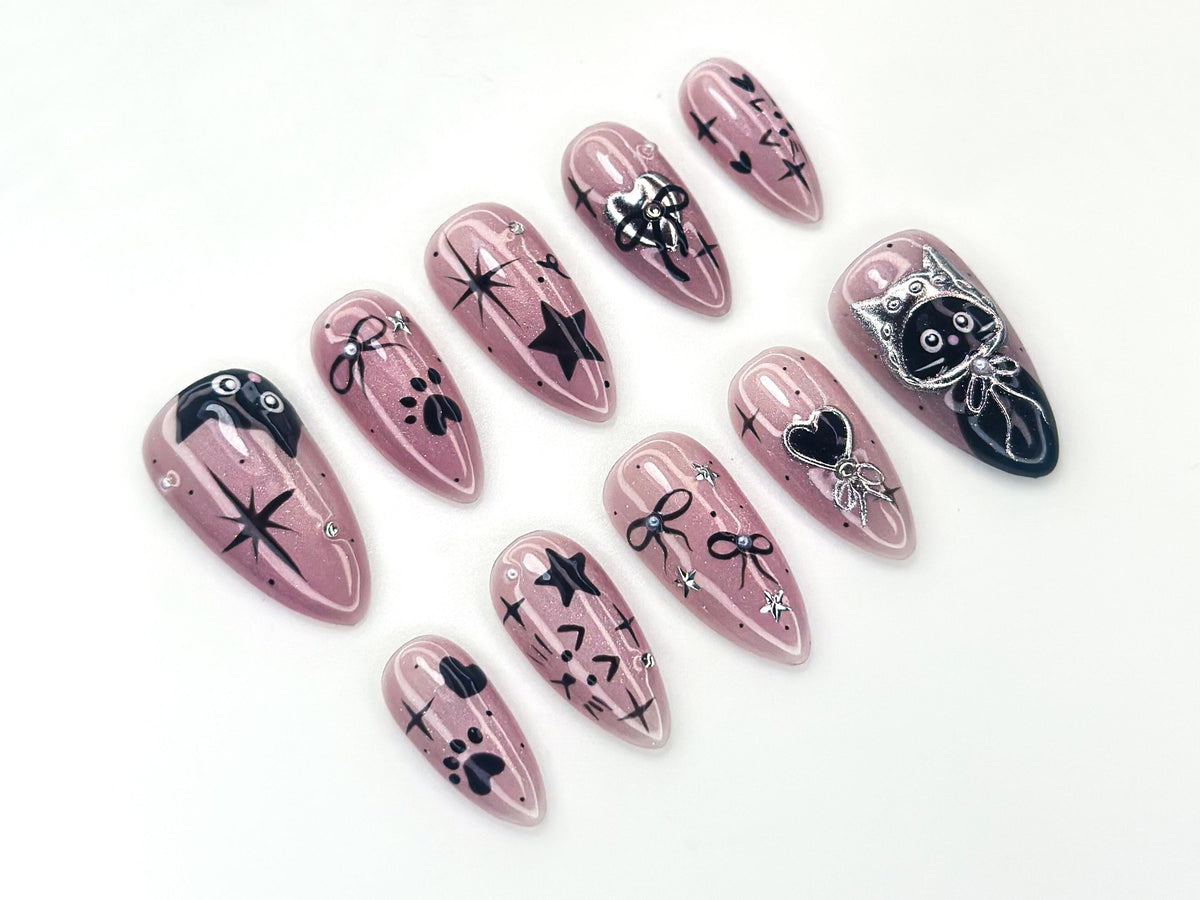 Mystic Winter Cat Press On Nails | Holiday Chrome Pink Nails | Cute Bow & Stars Nail Art | Christmas Gift for Her | JB1182BC