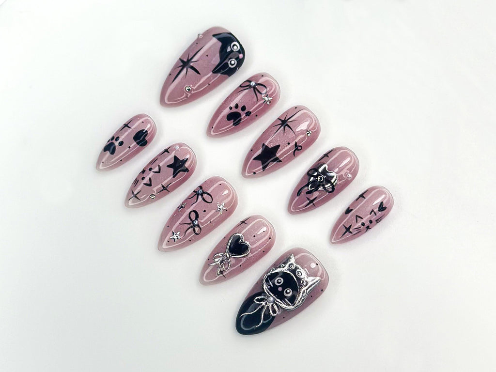 Mystic Winter Cat Press On Nails | Holiday Chrome Pink Nails | Cute Bow & Stars Nail Art | Christmas Gift for Her | JB1182BC