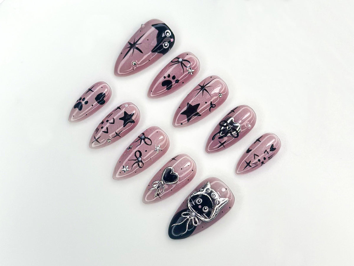 Mystic Winter Cat Press On Nails | Holiday Chrome Pink Nails | Cute Bow & Stars Nail Art | Christmas Gift for Her | JB1182BC
