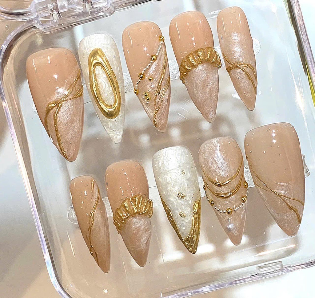 Luxury Nude Gold Press On Nails – Elegant Marble Nail Set