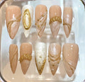 Luxury Nude Gold Press On Nails – Elegant Marble Nail Set